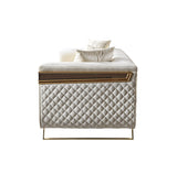 Side profile of loveseat velvet upholstery