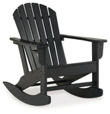 Close-up of slatted Adirondack chair seat and armrest in black finish