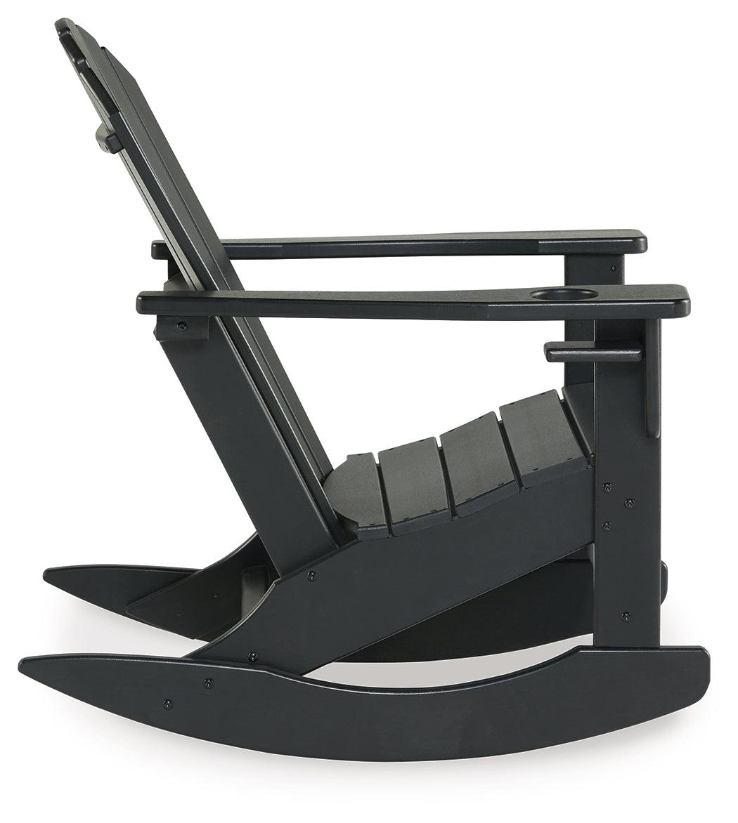 Sundown Treasure Black Outdoor Rocking Chair side view showing armrest and cup holder