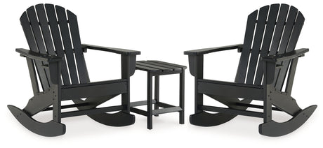 Side angle of one black Adirondack rocking chair in the Sundown Black Treasure set