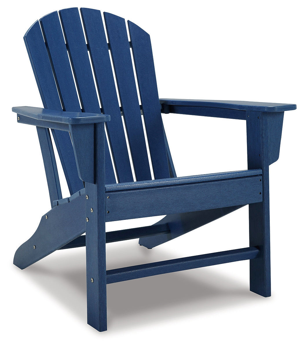 Sundown Blue Treasure Adirondack chair close-up angled view