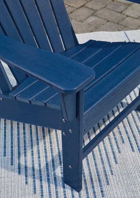 Close-up of chair's slatted texture and blue finish
