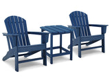 Side angle of Sundown Blue Treasure Adirondack chair showing slatted design