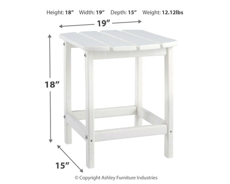 Sundown Treasure White Outdoor End Table with dimension diagram