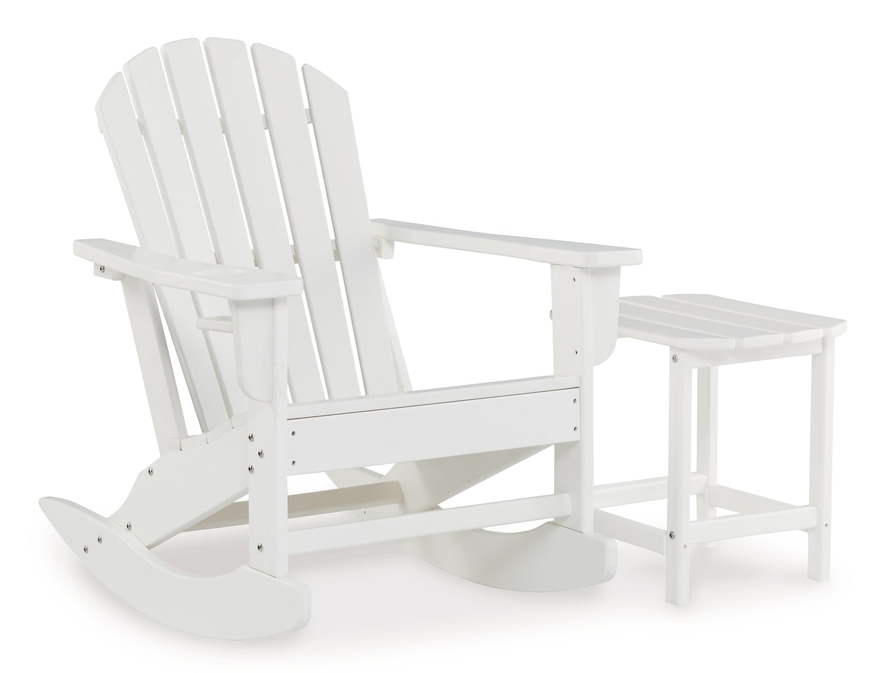 Sundown white Adirondack outdoor rocking chair angled view