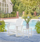 Close-up of Sundown white Adirondack chair armrest showing slatted design