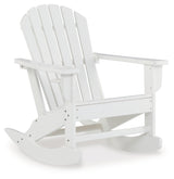 Side view of white rocking chair showing slatted rain-shedding design