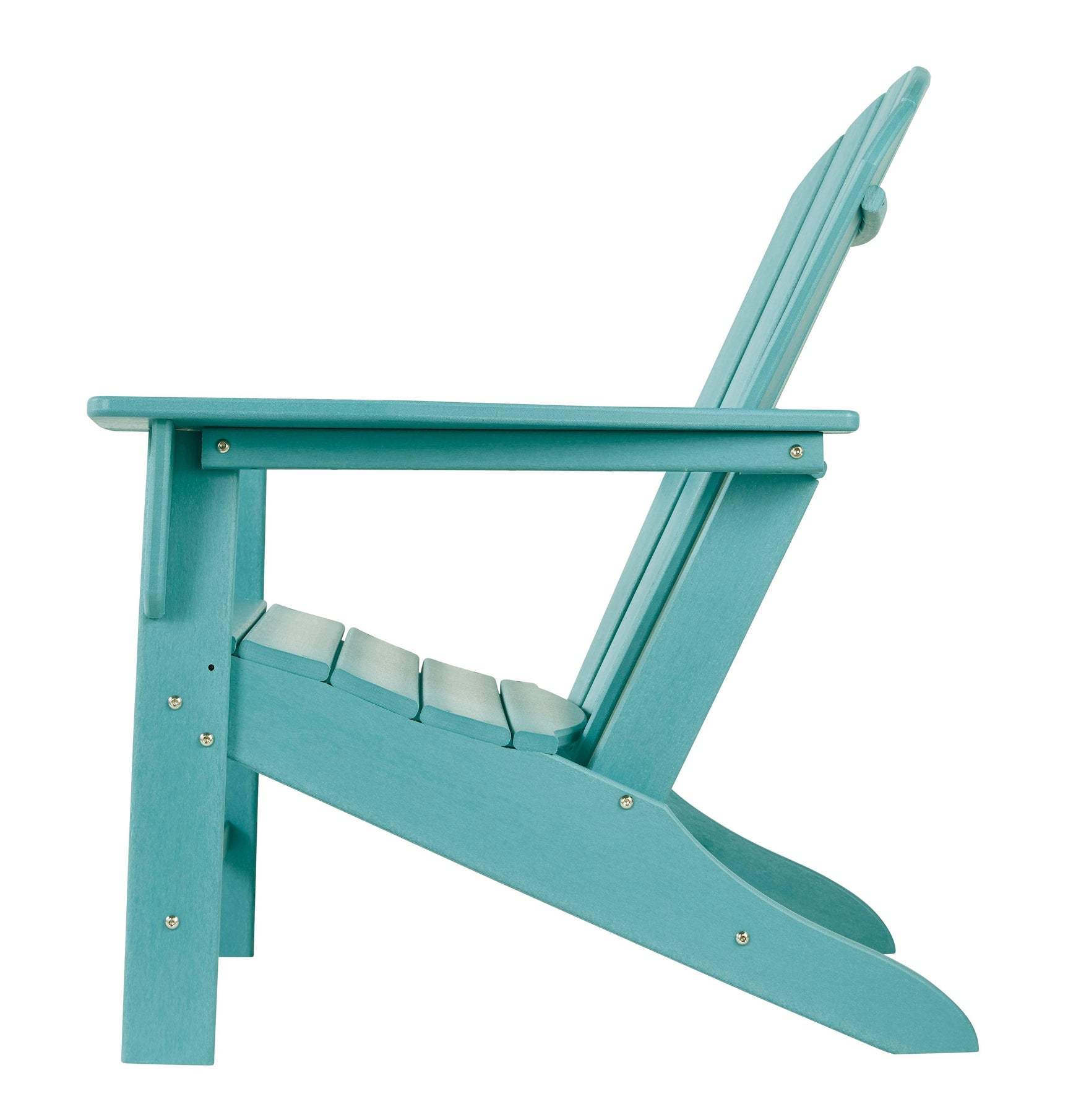 Side profile of turquoise outdoor Adirondack chair