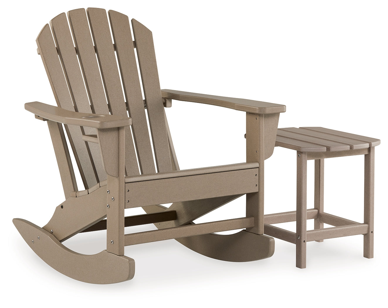 Sundown Driftwood Adirondack outdoor rocking chair side angle