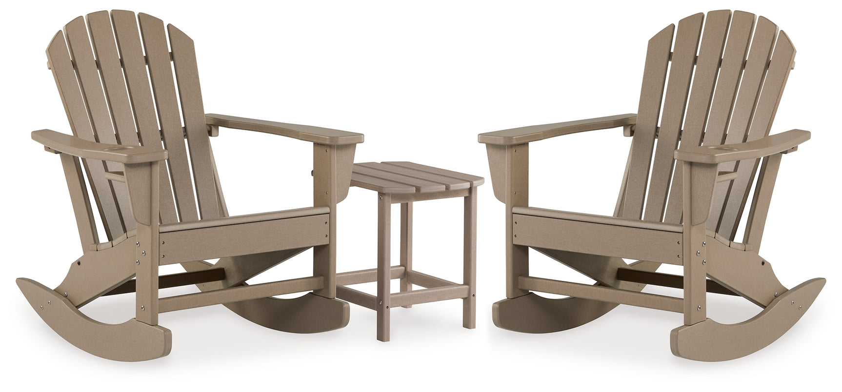 Sundown Driftwood Adirondack outdoor rocking chair and end table set