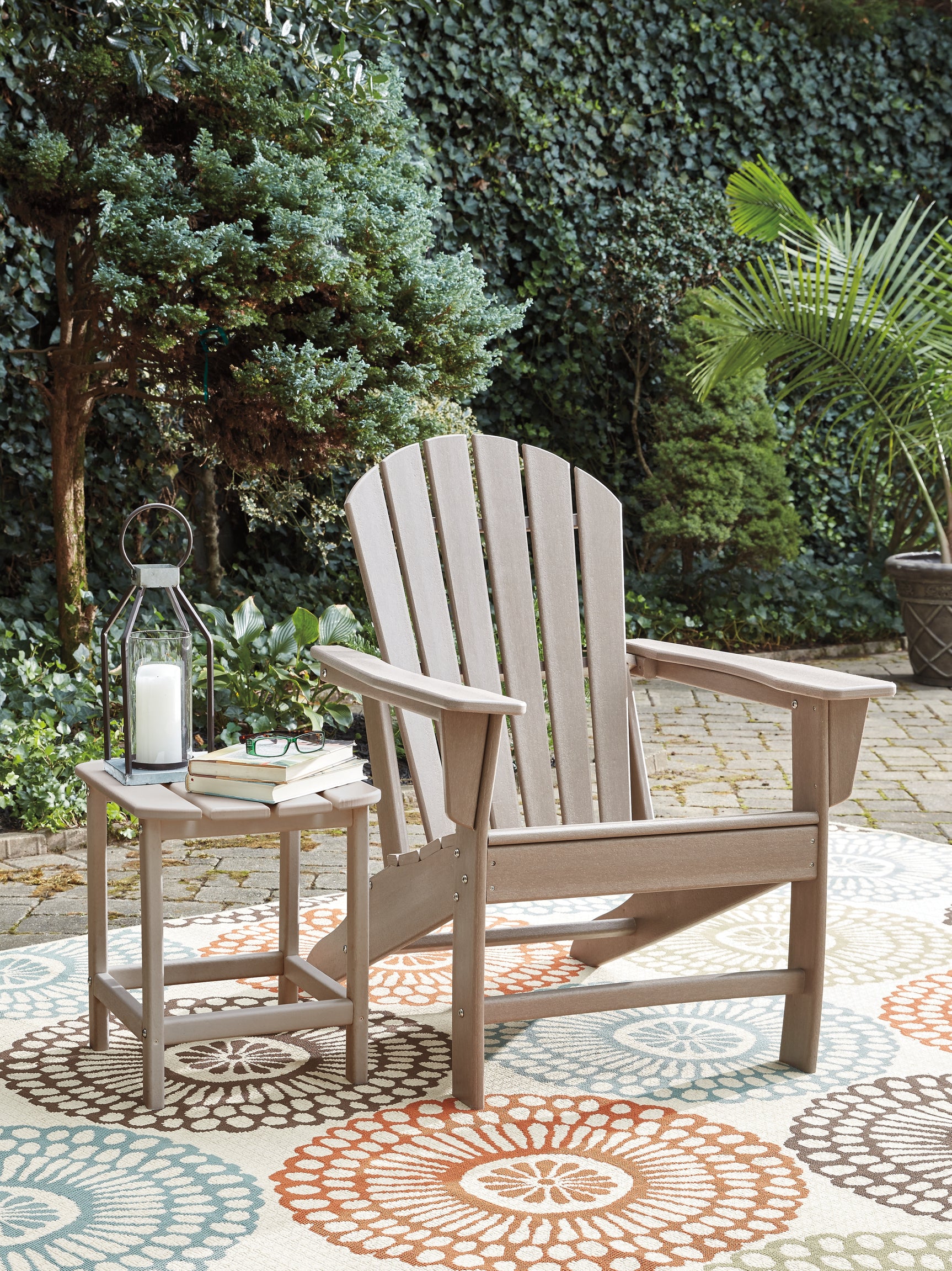 End table front corner highlighting slatted design