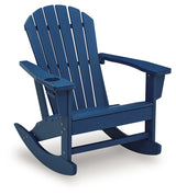 Sundown Shores Blue Outdoor Rocking Chair angled side view
