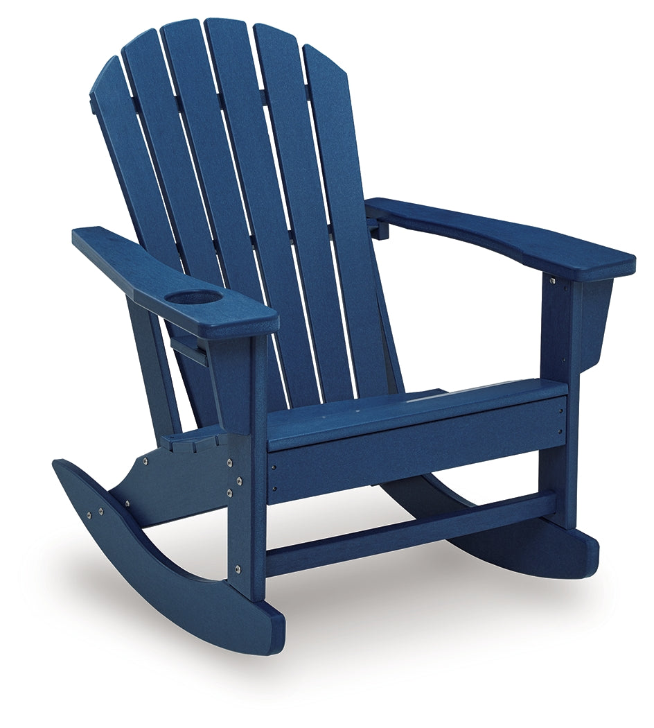 Sundown Shores Blue Outdoor Rocking Chair angled side view