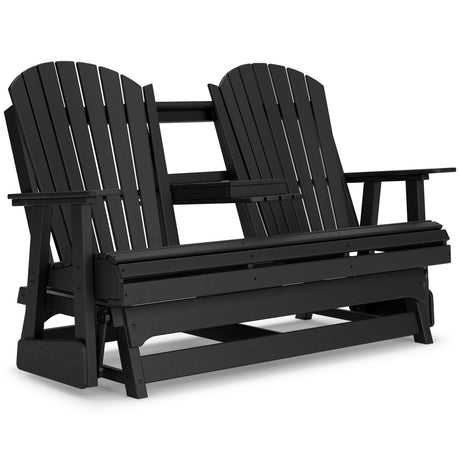 Hyland Wave Black Outdoor Glider Loveseat showing drop-down console open