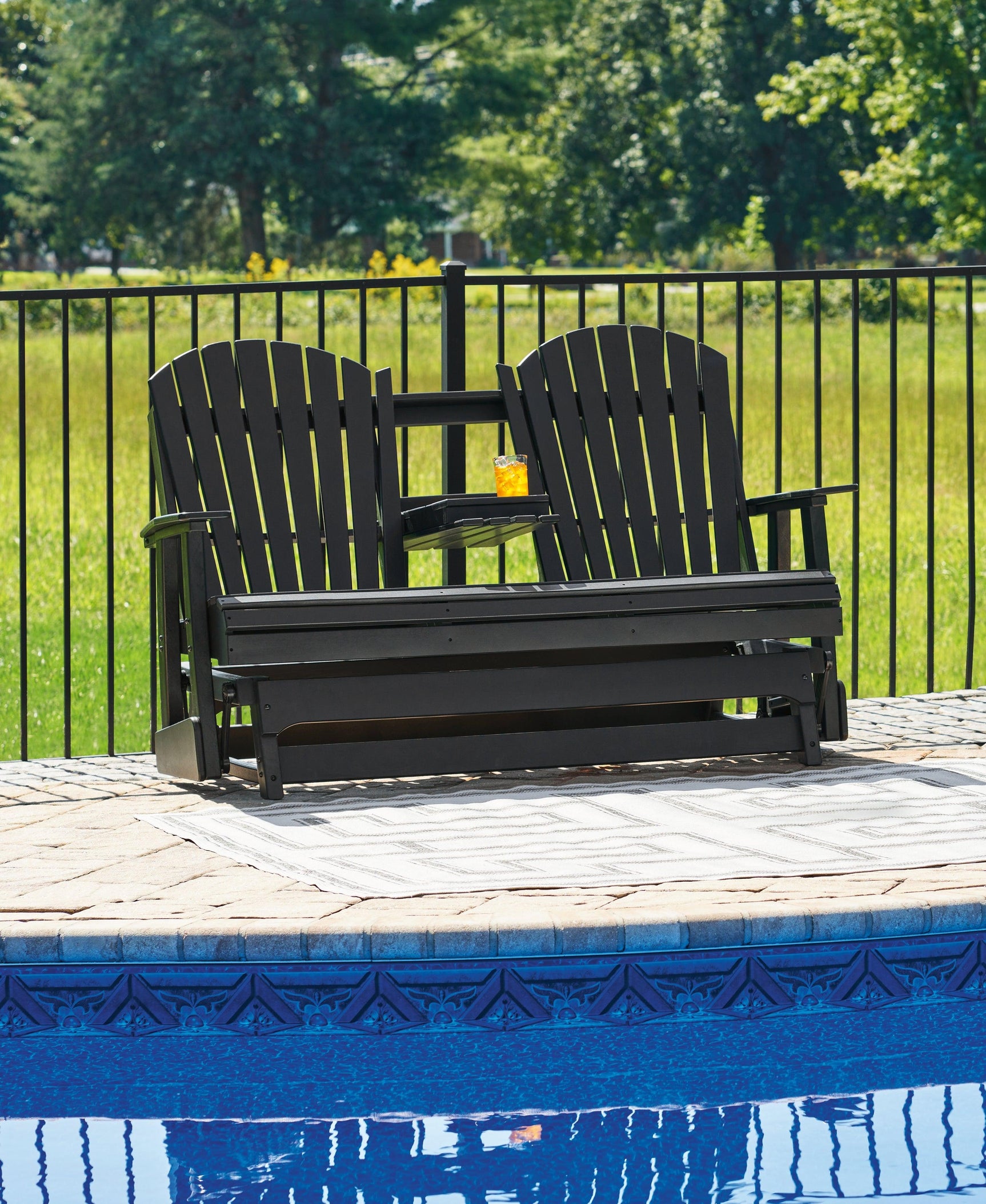 Hyland Wave Black Outdoor Glider Loveseat - Ella Furniture