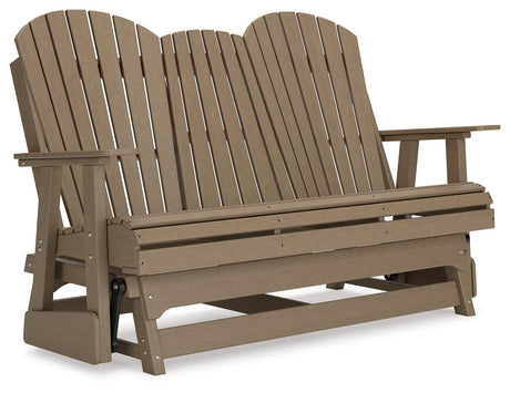 Hyland Wave Outdoor Glider Loveseat with tray lowered showing cup holders