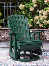 Swivel glider chair angled view with green finish