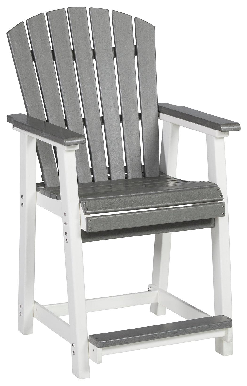 Close-up of Transville gray and white bar stool hardware and frame