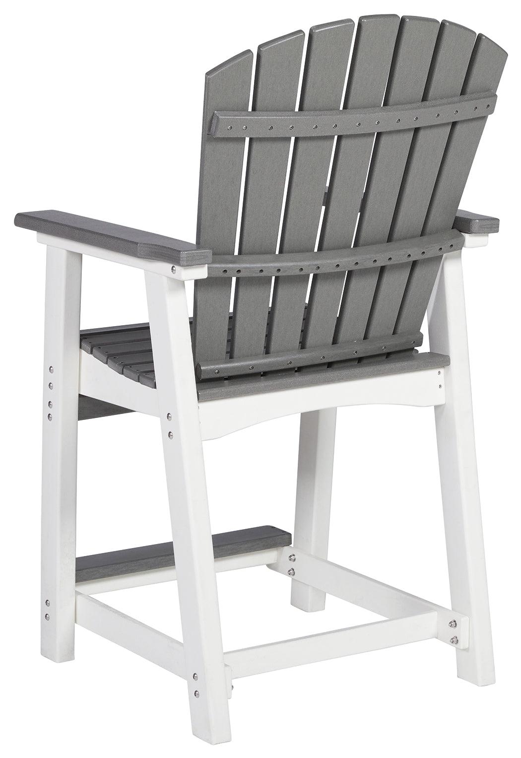 Detailed back view of Transville outdoor gray and white bar stool