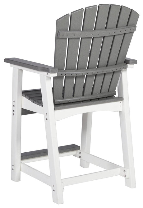 Detailed back view of Transville outdoor gray and white bar stool