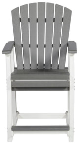 Detailed side view of Transville outdoor bar stool in gray and white