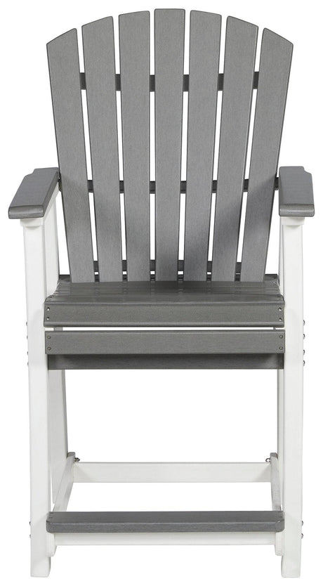 Detailed side view of Transville outdoor bar stool in gray and white