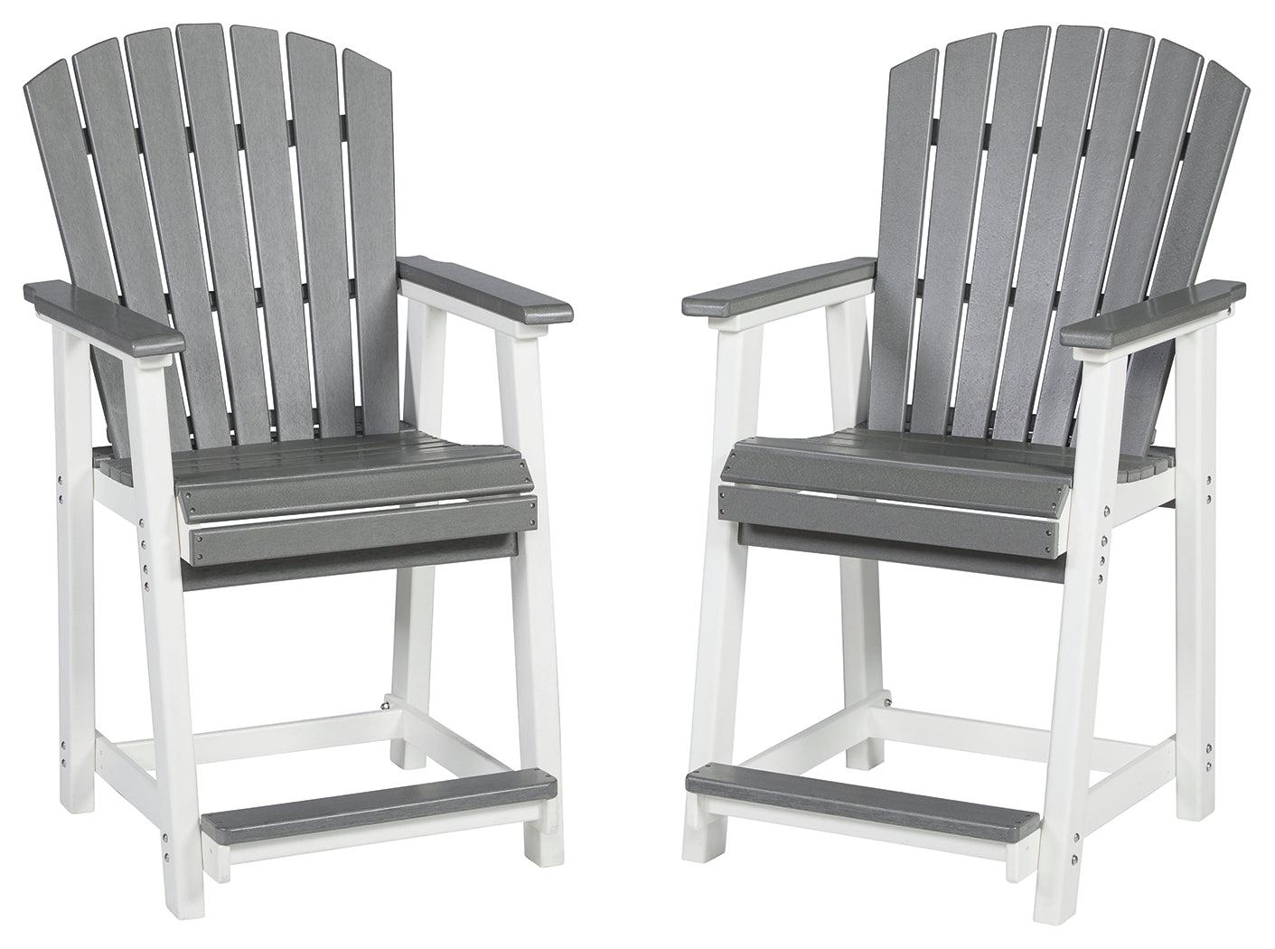 Side angle of Transville outdoor counter height bar stool gray and white set