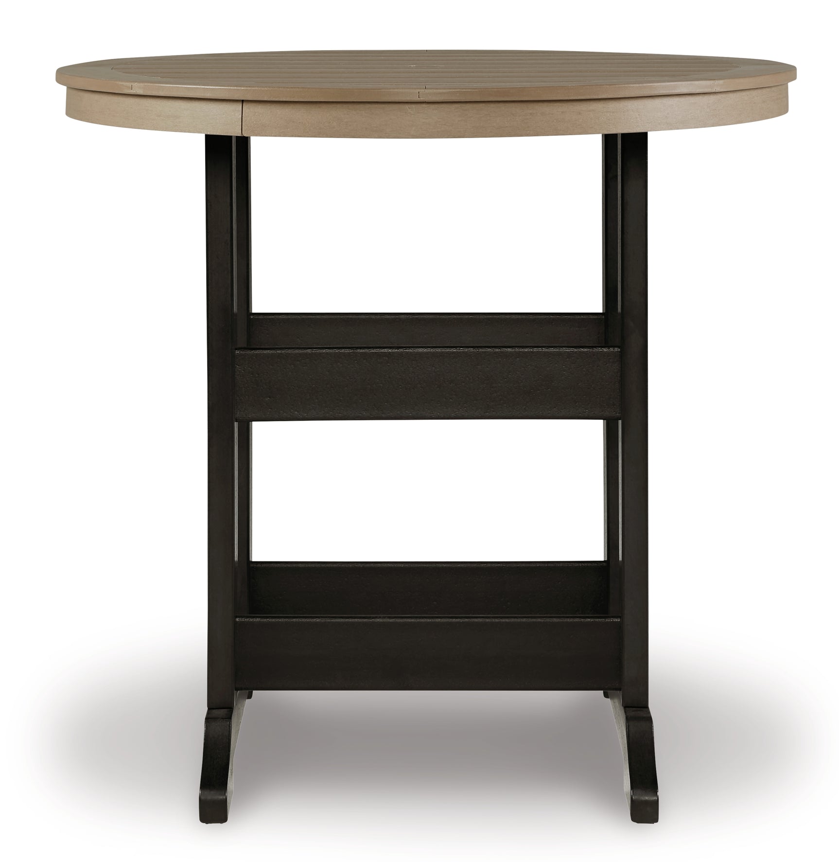 Close-up of black frame and driftwood finish details on the table