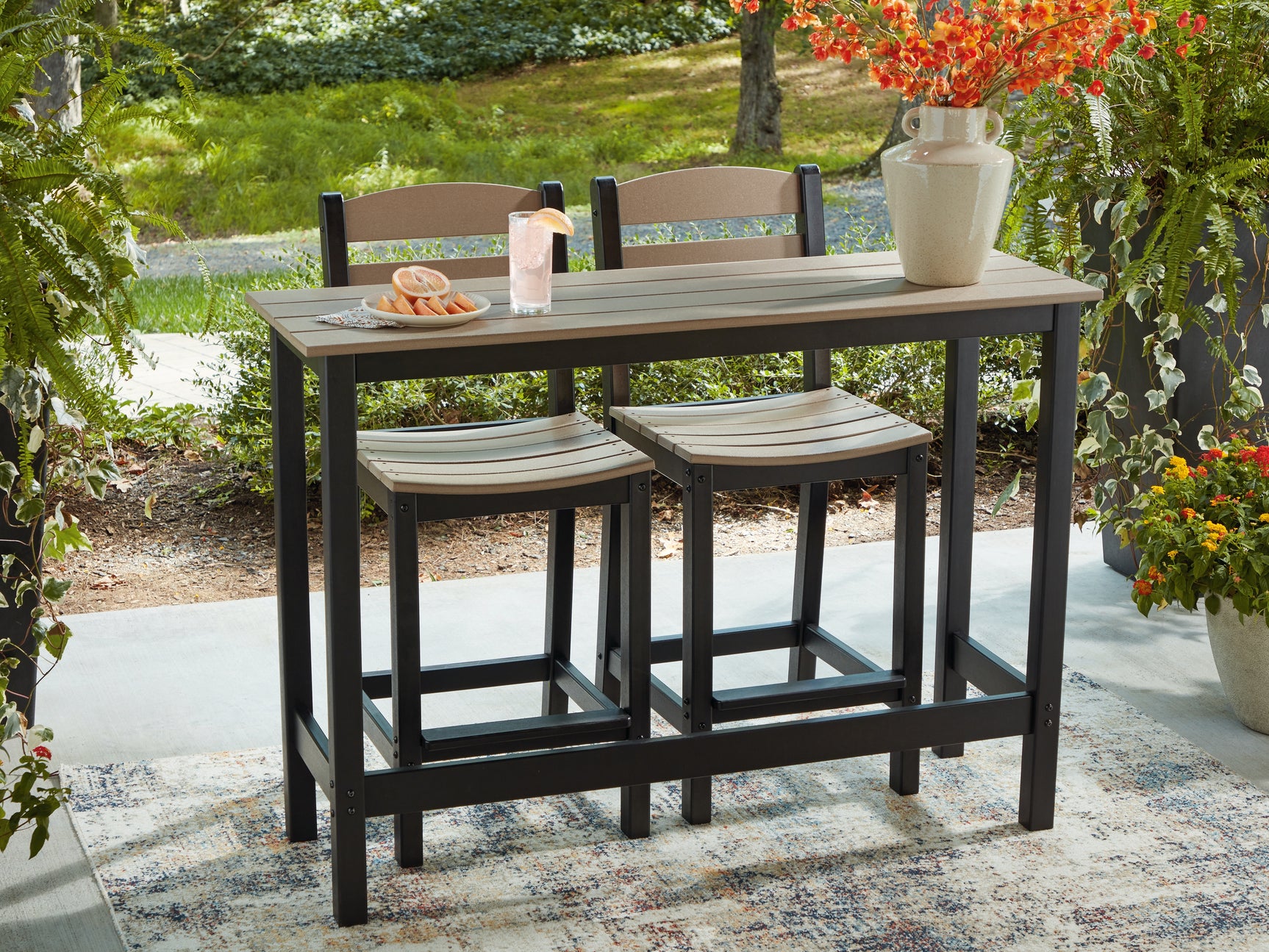 Shoreline Beach outdoor counter table and stools mood setting vertical