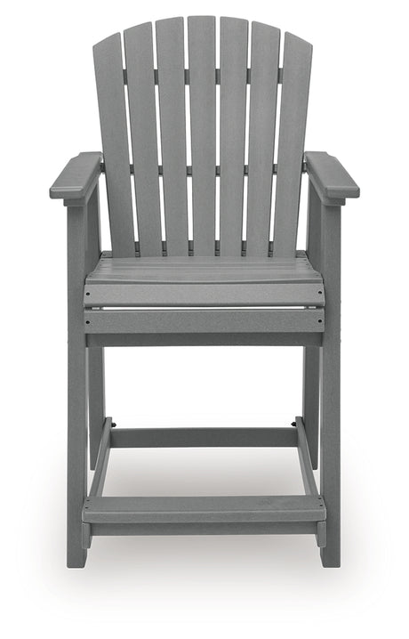Barstool seat detail with slatted pattern in dark gray finish