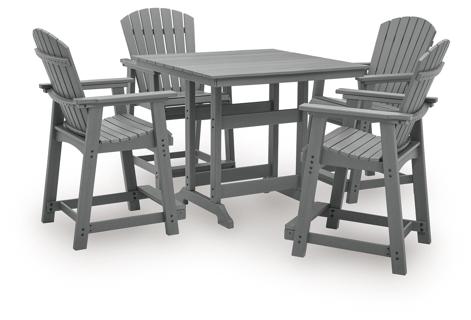 Close-up of dark gray slatted outdoor counter height dining table top
