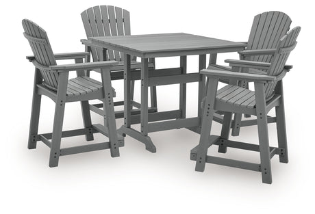 Close-up of dark gray slatted outdoor counter height dining table top