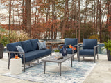 Gali sofa with plush blue cushions front view