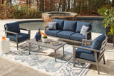 Gali outdoor gray and blue patio furniture set with sofa, chairs, and table