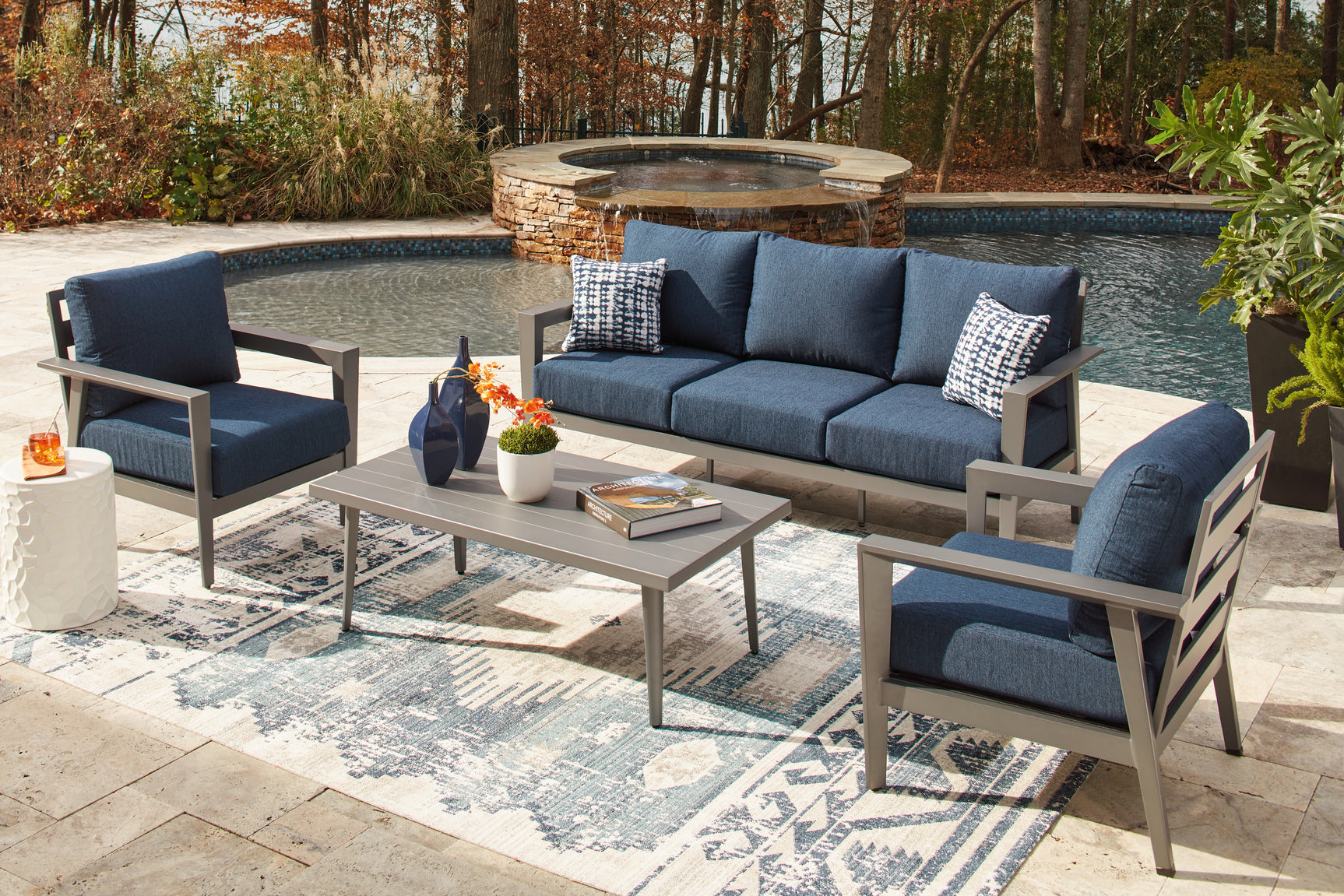 Gali outdoor gray and blue patio furniture set with sofa, chairs, and table