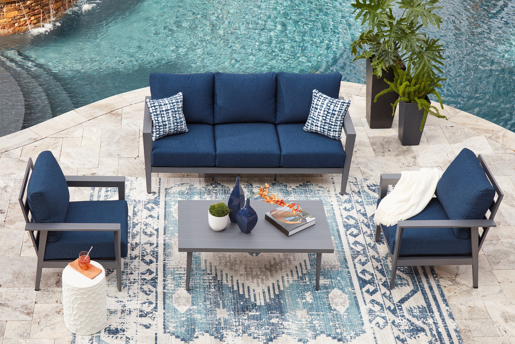 Gali outdoor gray and blue patio furniture set with sofa, chairs, and table