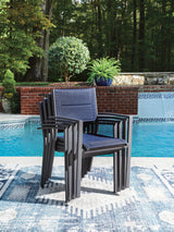 Detailed swatch of blue sling seat on Rocky Creek chair
