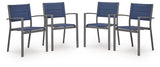 Rocky Creek Outdoor Sling Arm Chairs stacked for storage