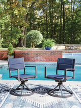 Close-up of Rocky Creek Outdoor Sling Swivel Chair frame and armrest