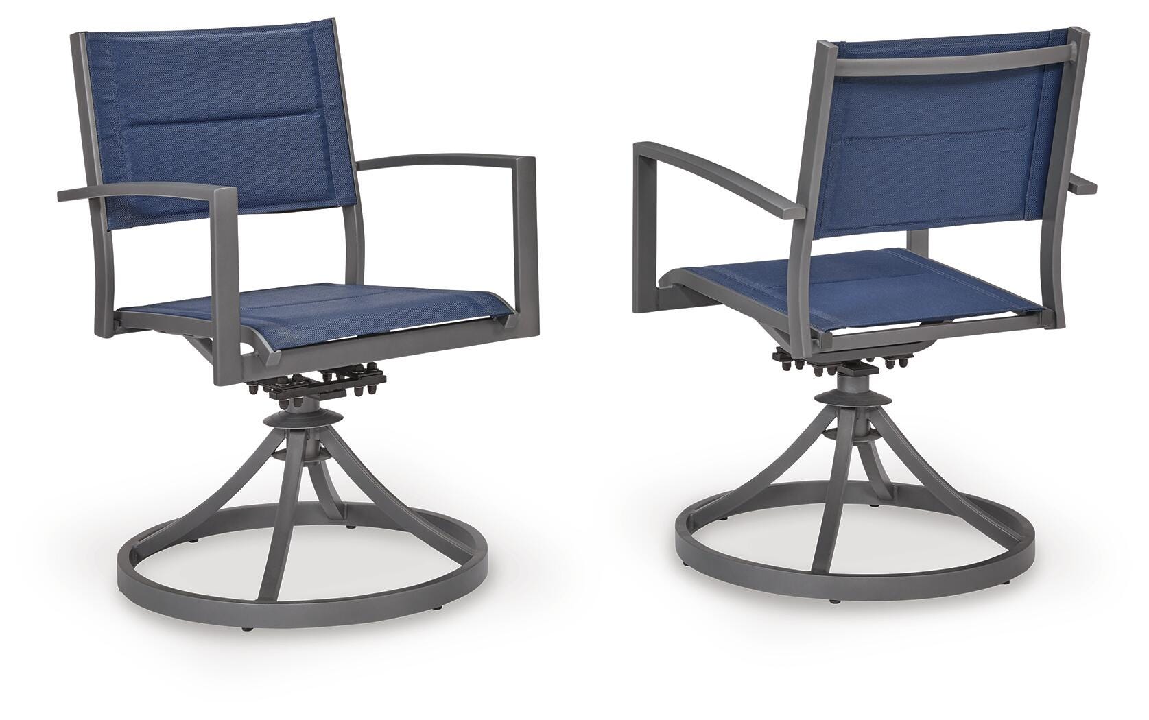 Side angle of Rocky Creek Outdoor Sling Swivel Chair showing padded blue sling seat