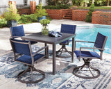 Angled view highlighting blue padded sling chairs