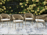 Stacked Orchard Beach beige outdoor arm chairs showing frame and rope