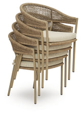 Close-up of beige polyester rope and powder-coated aluminum arm of Orchard Beach chair