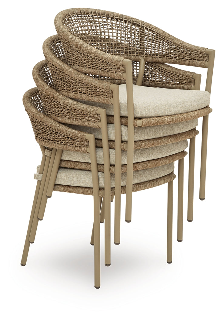 Close-up of beige polyester rope and powder-coated aluminum arm of Orchard Beach chair