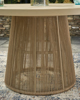 Beige polyester rope-wrapped aluminum base detail