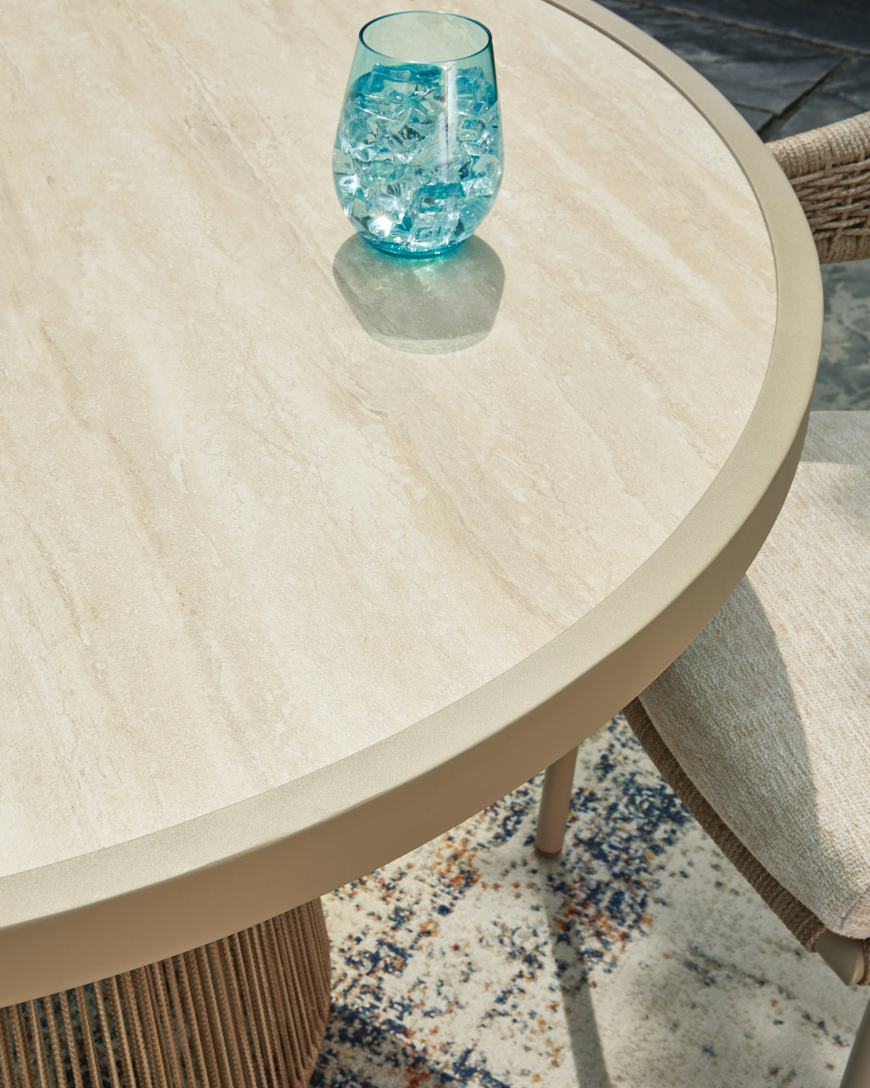 Stainless steel hardware and frame detail on Orchard Beach outdoor table