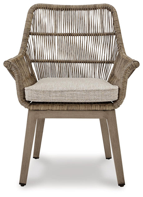 Beach Front Beige Outdoor Arm Chair with Cushion - detail on fabric and frame