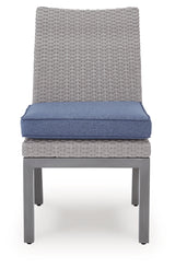 Blue-gray cushion close-up on outdoor chair
