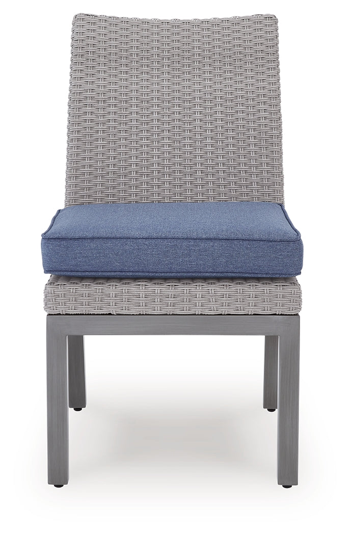 Blue-gray cushion close-up on outdoor chair