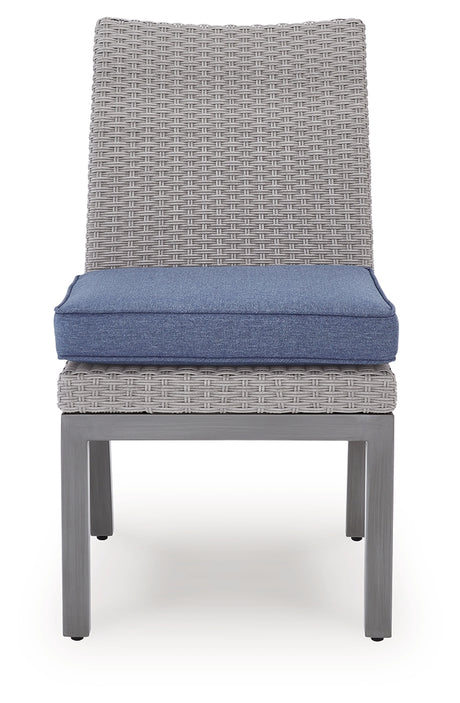 Blue-gray cushion close-up on outdoor chair